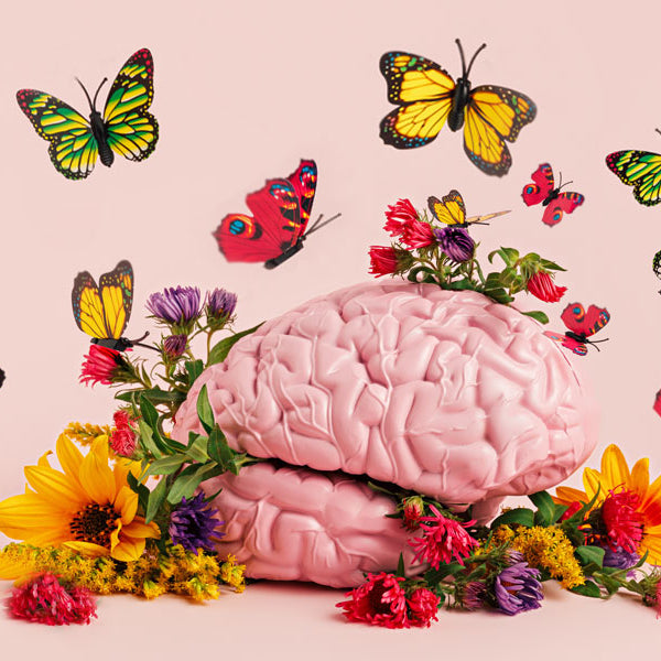 brain with butterflies coming out and flowers around it